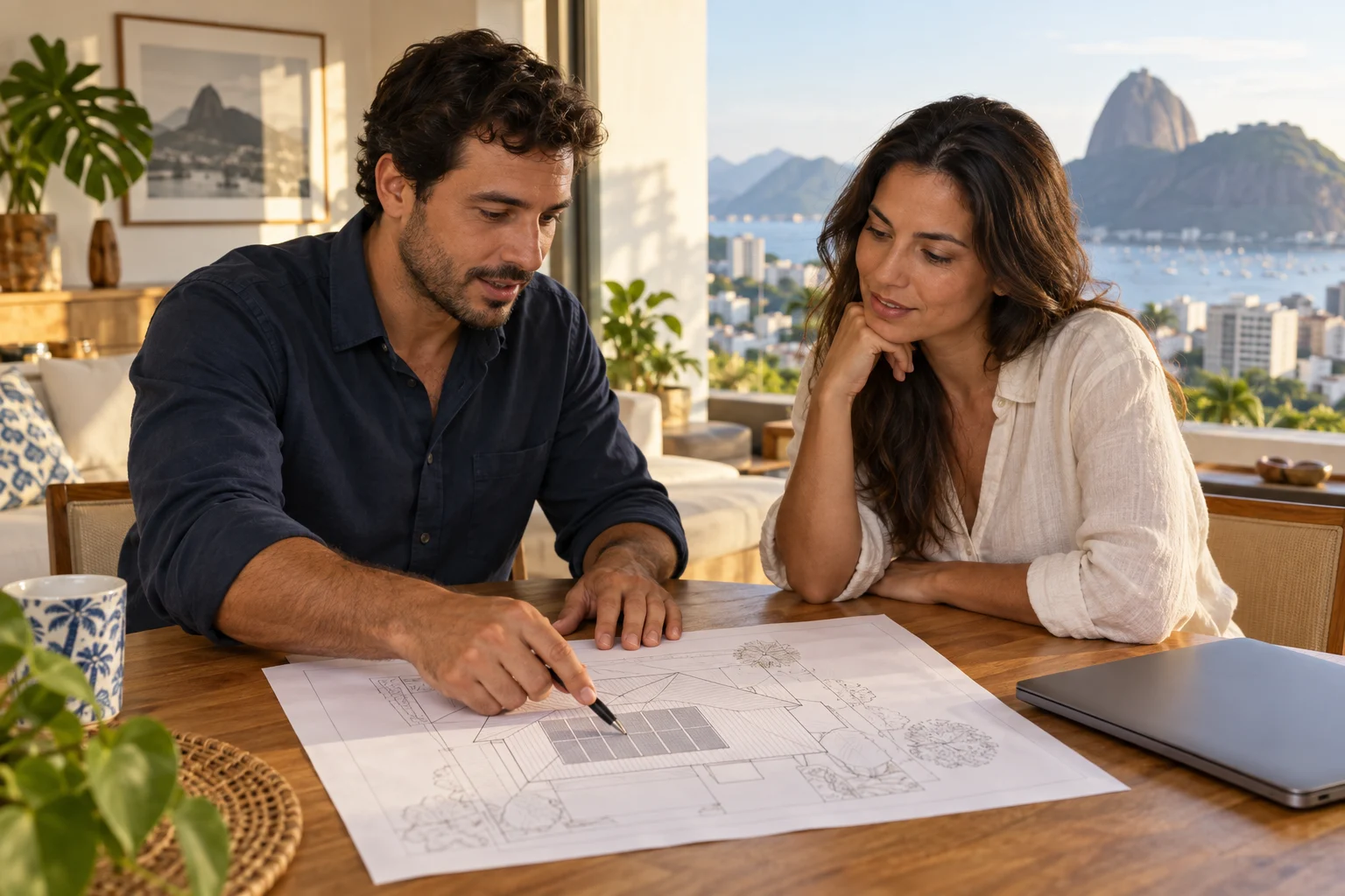 Consultor e cliente analisando um projeto de telhado à mesa.